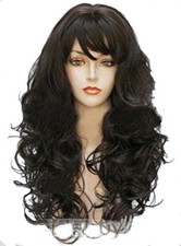 Real Human Hair New Fashion Women's Layered Long Dark Brown Wavy Full Wigs 24 In