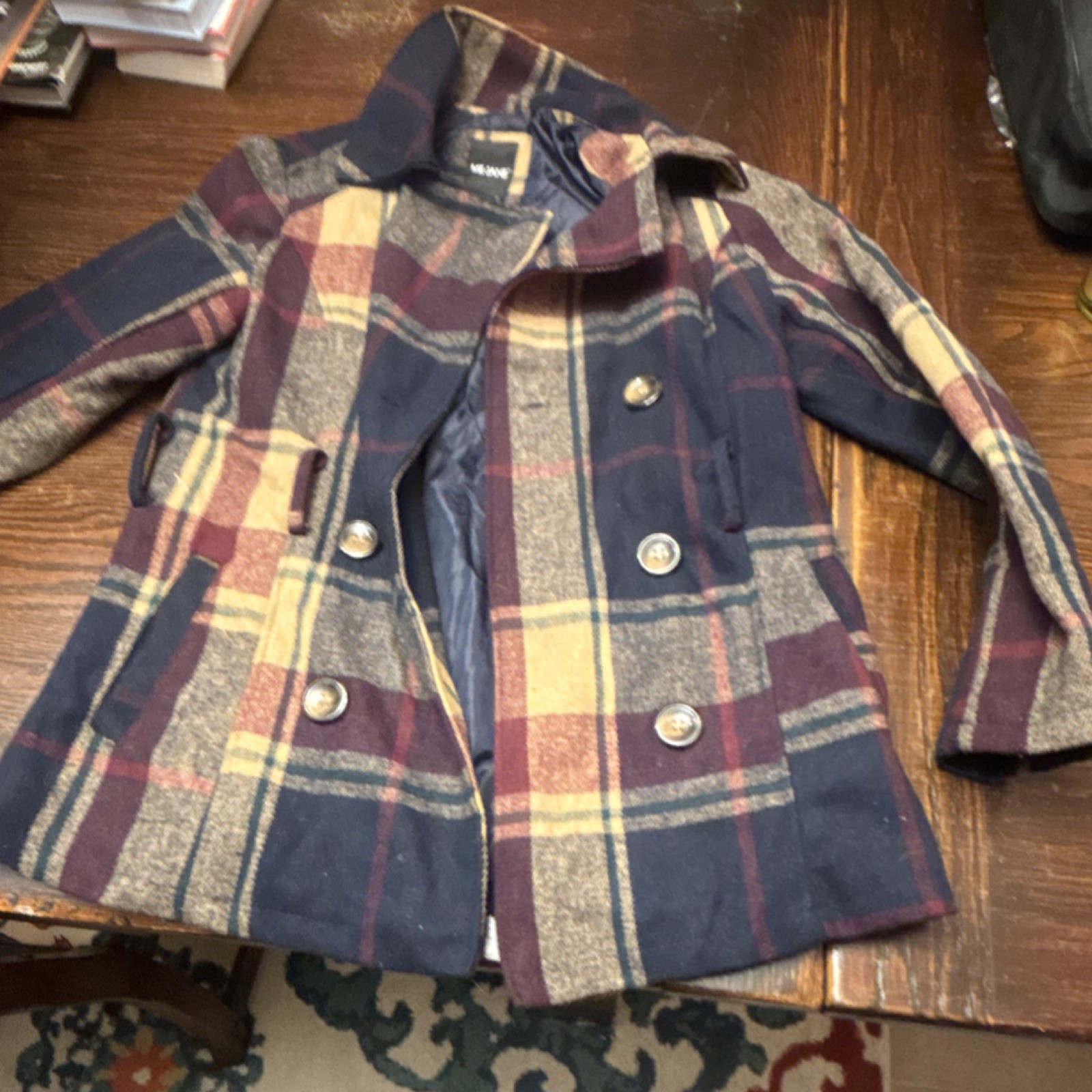 Me Jane Plaid Double-Breasted Pea Coat Mid-Length Navy Burgundy Yellow Pockets M