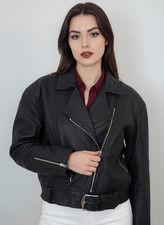 Vintage 80s Women  s Genuine Leather Biker Jacket Black Zip Belted Moto Style M