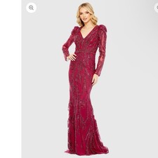 MAC DUGGAL Women's Berry Embellished Puff Sleeve V Neck Gown Size 18 NWT