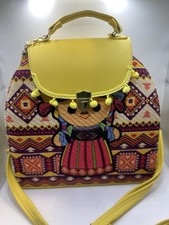Yellow Bohemian Geometric Backpack Purse Tassel Pom Charm Top Handle Crossbody