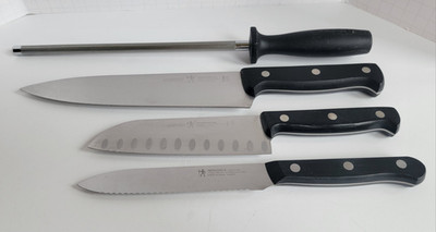4 Pc Henckels 8'' Chef 5.5'' Santoku 5'' Serrated Utility Knives & Honing Steel