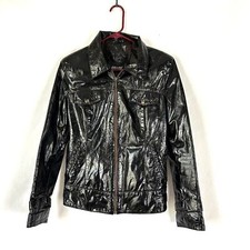 B. Coast Women's Patent Leather Jacket Black M Crinkle Leather Vintage