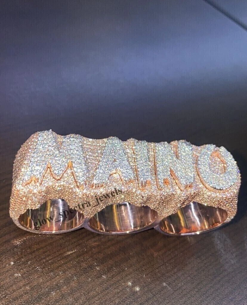 Mens Three Finger Custom Name Simulated Diamond Hip Hop Ring 925
