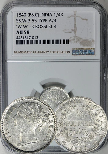 British India 1840 Quarter 1/4 Rupee Mule NGC AU-58, S&W - 3.55 - Rare!