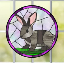 Grey Bunny Rabbit Faux Stained-Glass WINDOW CLING Size 8" Round Vinyl
