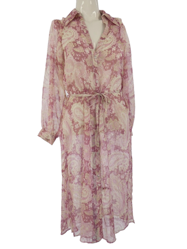 Zara Shirt Dress Pink Paisley Print Tie Belt Button Front Long Sleeve Sheer XS - Picture 10 of 16