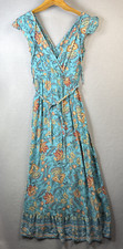 Land Of The Free Maxi Dress Size S Teal & Orange Floral Print Boho Wrap Vacation