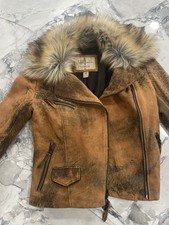 Vintage Genuine Leather Jacket Women’s Size Xs Tan With Removable Fur Collar