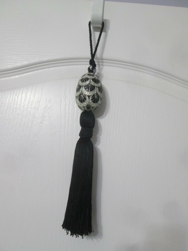 Oriental Black silver 3" Cloisonné egg Tassel Faux Black 7" Fringe Tassel 14.5"