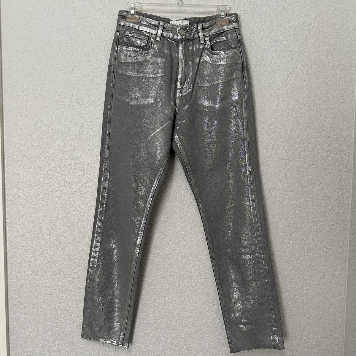 New Zara Mid-Rise Slim Fit Silver Metallic Jeans 6045/048