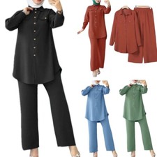 Muslim Islamic Abaya Two Pieces Sets Women Casual Tops Pants Turkey Kaftan S-4XL