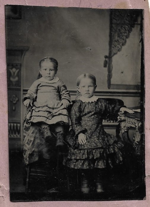 Tintype Photograph Two Small Girls Sister Wearing Victorian Fashion Dresses