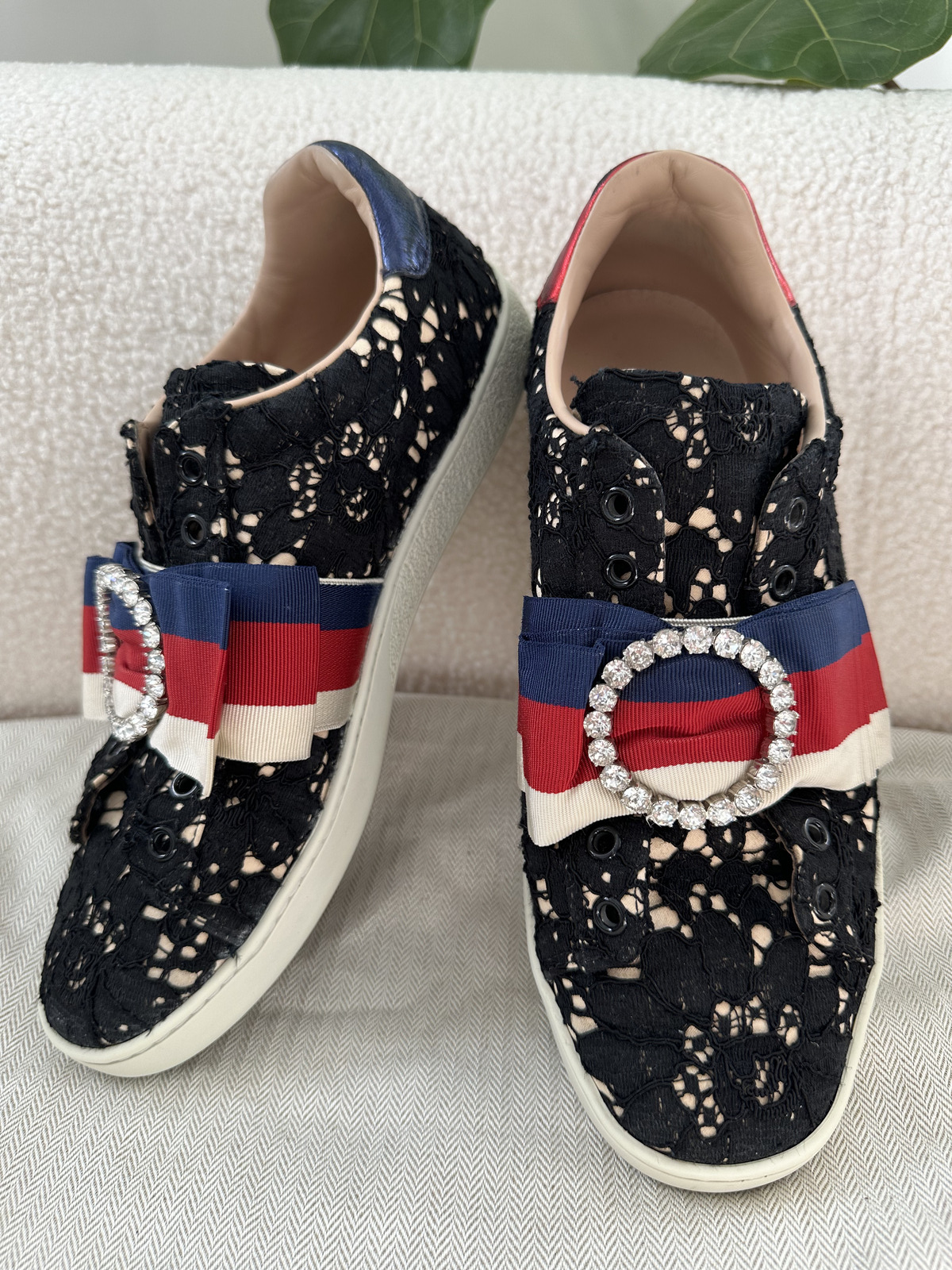 ML1 GUCCI BLACK LACE ACE WEC SNEAKERS RHINESTONE CRYSTAL CIRCLE 498705 SZ9