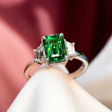 950 Platinum Diamond Engagement Ring 4.00 Ct Lab Grown Emerald Cut Green Emerald