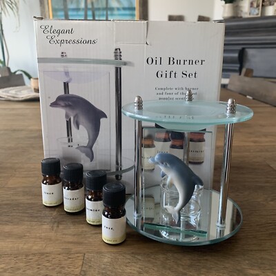 Elegant Expression Tea Light Glass Mirror Dolphin Oil Burner Set 4 Scented Oils