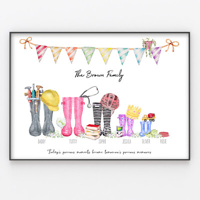 Wellington Boot Family Print, Personalised Wellies Rain Boots, Welly Art  Gift UK