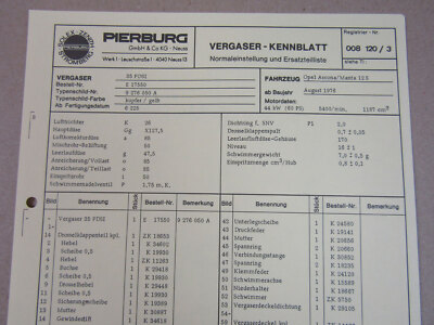 Pierburg 35PDSI Ersatzteilliste Normaleinstellung Opel Ascona Manta 12S ab 8/76