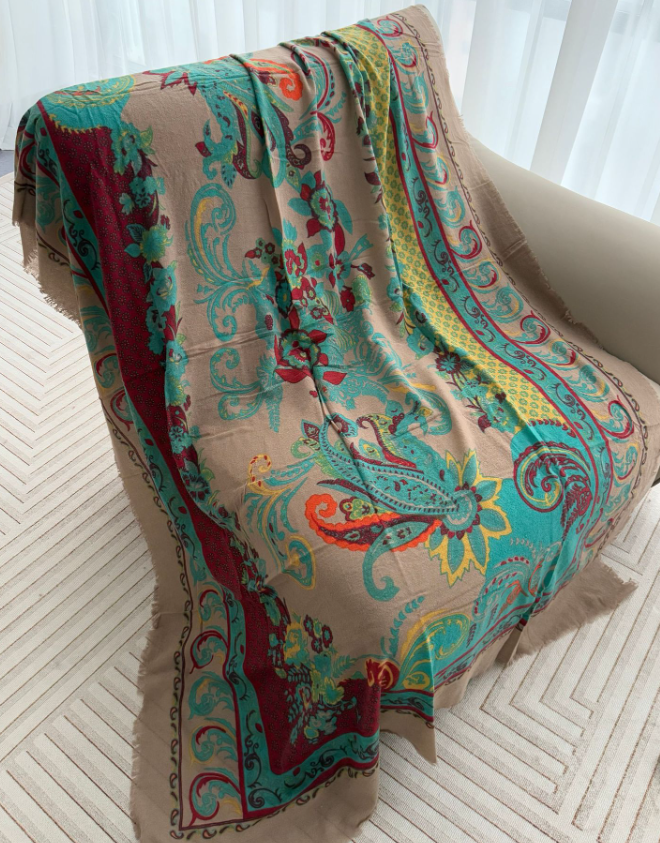 100% Wool Shawl Scarf Neckerchief 190X130cm Bandanna Brown branch Print Wrap new