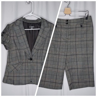Apt 9 Shorts Suit Womens 12/14 Gray Plaid Short Sleeve Bermuda Ava Summer Office