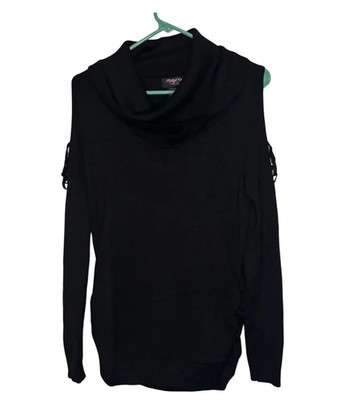 Hooked Up by IOT Black Cowl Neck Cold Shoulder Lightweight Sweater