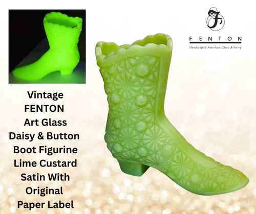 Vintage FENTON Art Glass Daisy & Button BOOT Figurine LIME Custard Satin W/Label