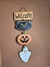 Festive Halloween Welcome Sign Black Cat, Pumpkin, Ghost