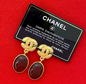 Authentic CHANEL 96A Coco Mark CC Red Gripoix Dangle Earring Gold Plated