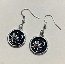 Silver Plated Sun Moon Star Black Enameled Dangle Drop Circle Round Earrings