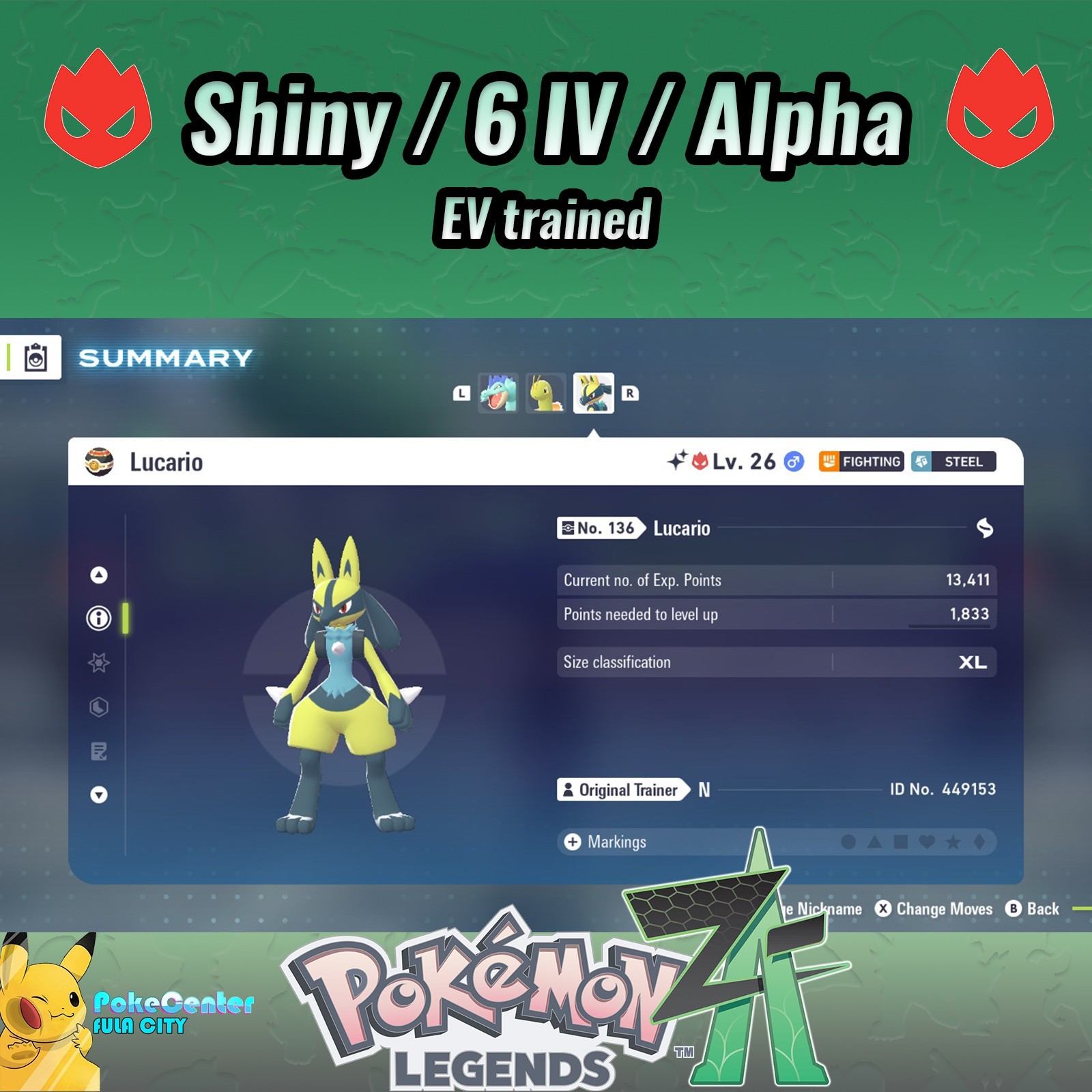 Lucario Pokemon Legends ZA ❗❗  Alpha ❗❗  Shiny 6 IV🟢 Battle Ready ⚫ EVs