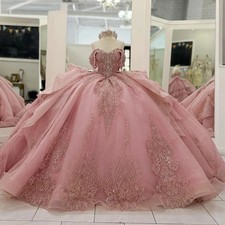 Pink Quinceanera Dresses Ball Gown Off The Shoulder Appliques Beaded Sweet 16 15