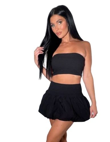 Women's Puffball Skirt and Crop Top Co-ord Set with Elastic Waist