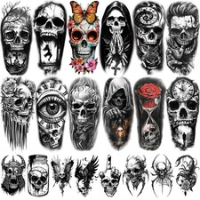 77 Sheets Halloween Temporary Tattoos Men Women Adults, Skeleton Death Skull