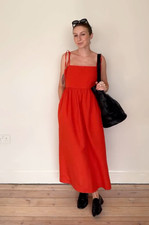 UNIQLO Linen Blend Smocked Midi Camisole Dress Size S Adjustable Straps Pockets