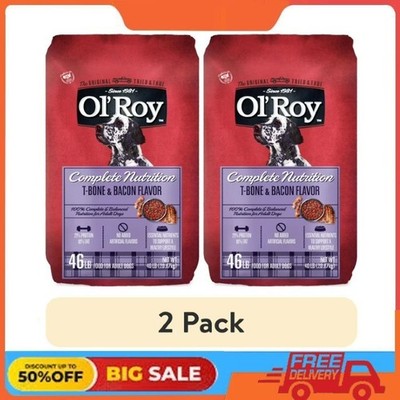 (2 pack) Ol' Roy Complete Nutrition T-Bone & Bacon Flavor Dry Dog Food, 46lb Bag