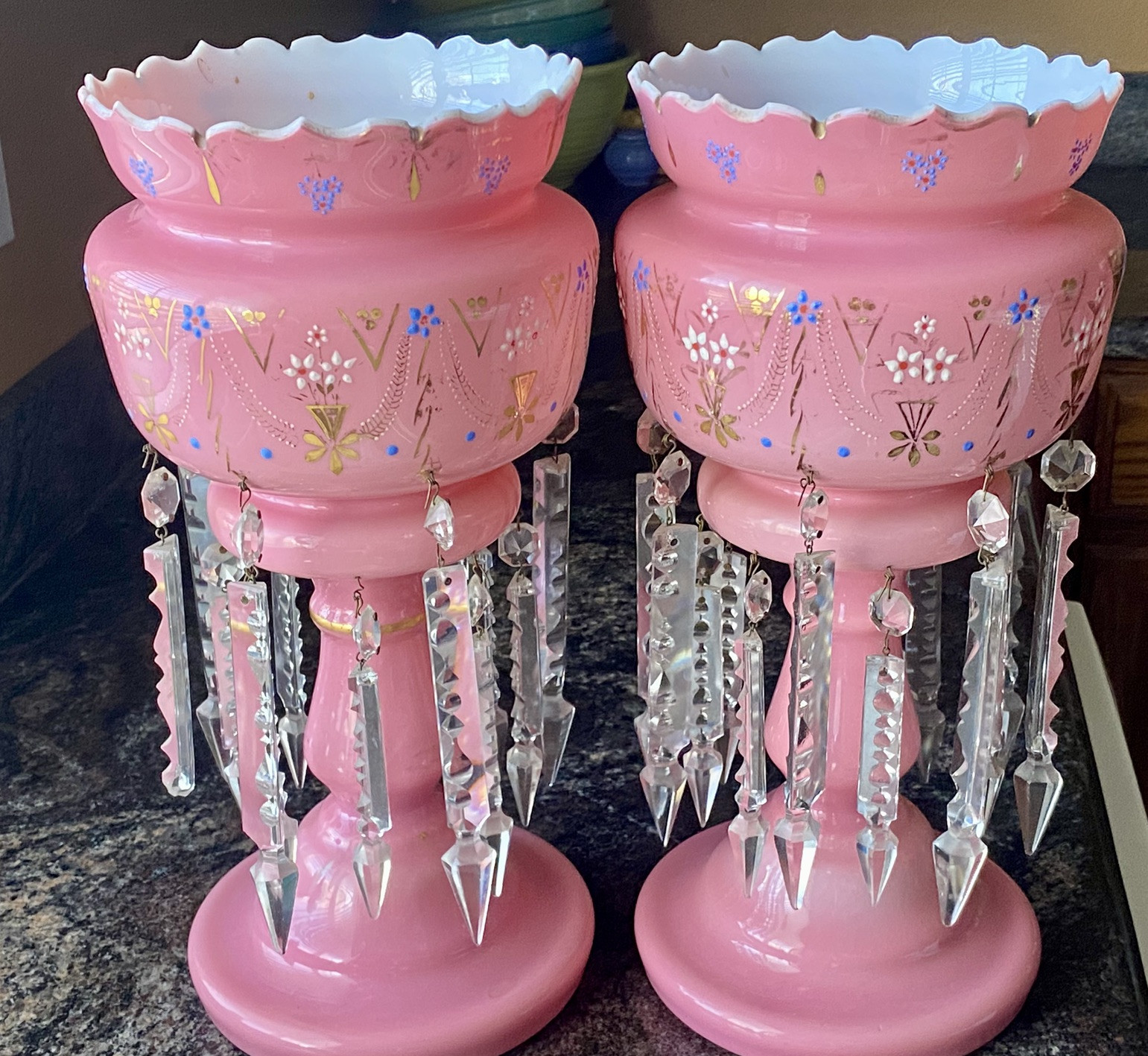 2 Victorian Antique Cased Glass Pink Mantle Lusters w/Prisms Hand