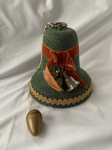 Vintage Schmid Bros Christmas Musical Green Flocked Bell MCM Jingle Bells Works