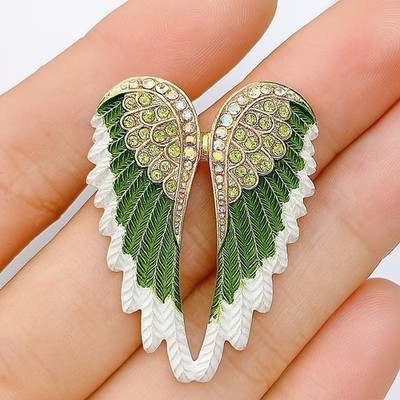 Grüne Engelsflügel Brosche Anstecknadel Kristall Emaille Feder Design Damen Schmuck Schal