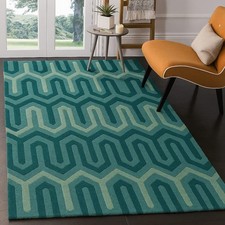 Hand Tufted Geometric Rug 5x7 | Modern Green Teal Wool Area Rug