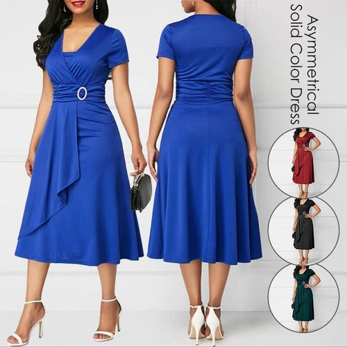 Womens Short Sleeve Wrap Dress Party Midi Dresses Plus Size Office Formal - Picture 3 of 16