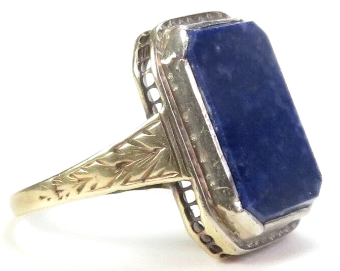 Antique 1920's Lapis Lazuli 13K White Gold Engraved Ring Size 5 UK-J1/2 Art Deco - Image 3 of 4