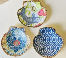 Set of 3 Hand Painted Seashell Trinket Dish Art Floral Gold Trim Blue/Fish/Flora