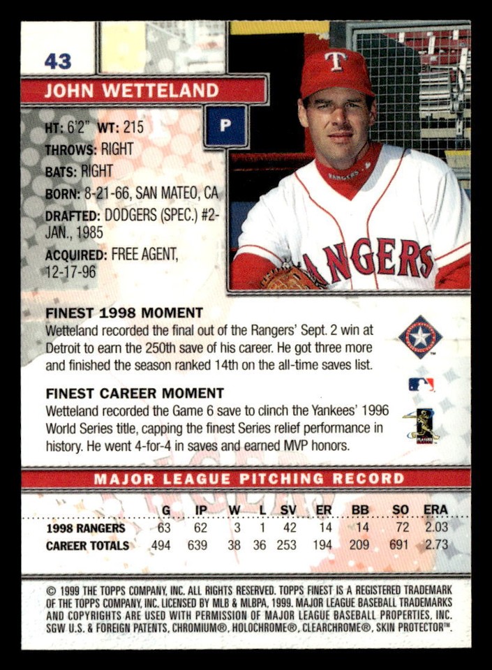 John Wetteland 1999 Finest Card #43 Texas Rangers | eBay
