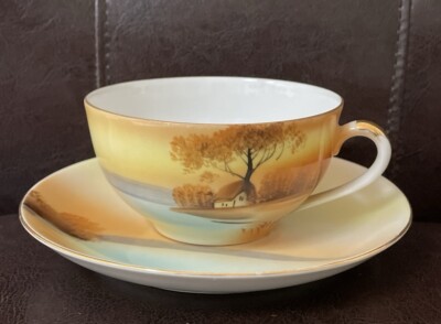 Noritake Hand Painted Lake Scene Cup & Saucer Japan 
