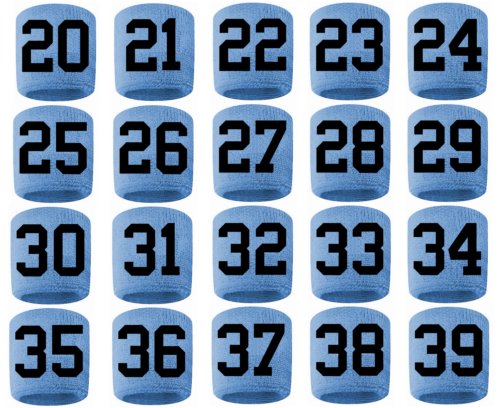 #20-39 Numéro Sweatband Bracelet Football Baseball Basketball Bleu Lumière Noir - Photo 1 sur 1
