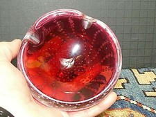 Vintage MCM Murano Hand Blown Controlled Bubble Cranberry To Clear Swirl Ashtray