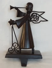 Christmas Angel W/Trumpet Stocking Holder Hanger Heavy Metal Dark Brown 7" Tall