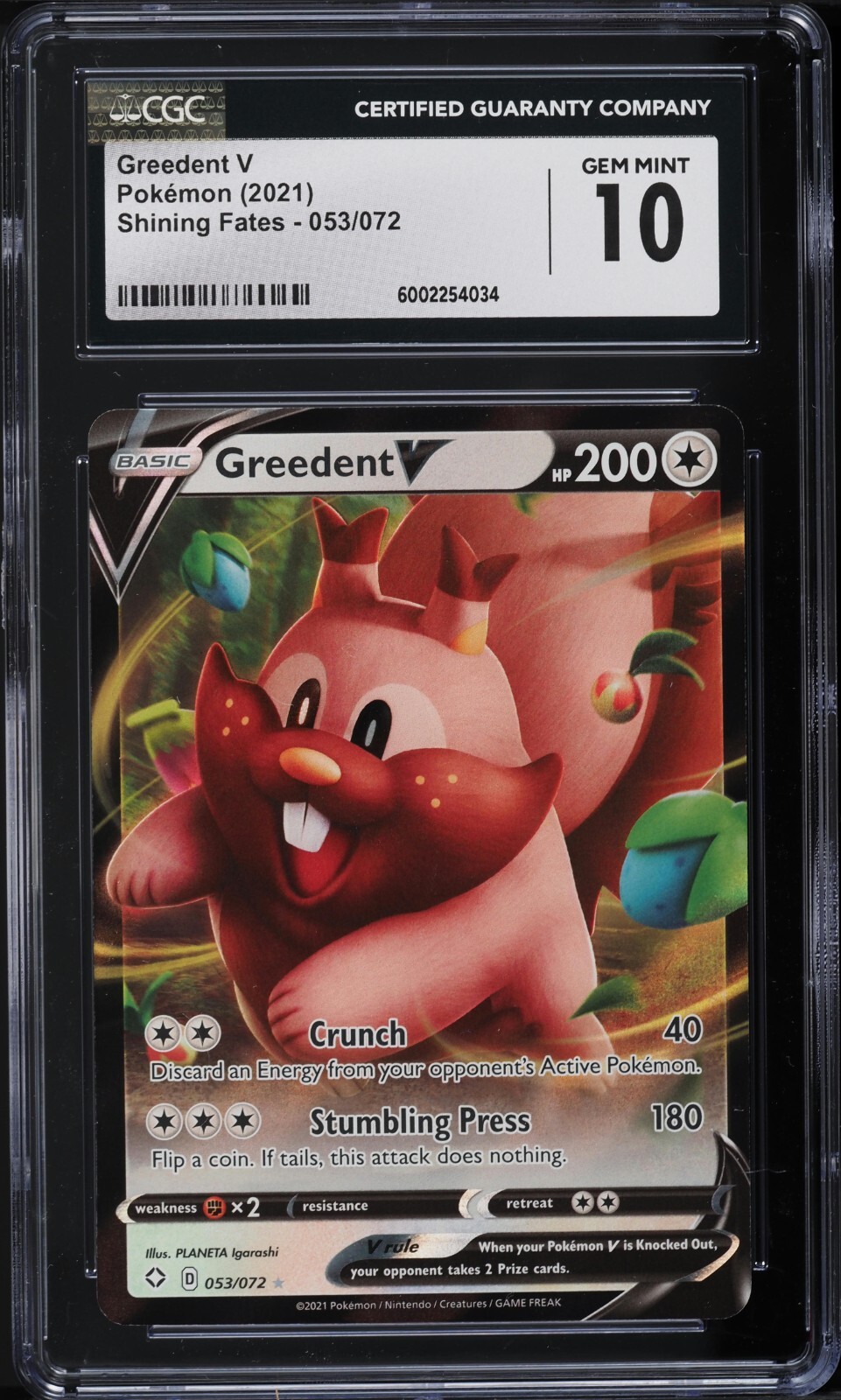 2021 Pokemon Sword & Shield Shining Fates Greedent V #53 CGC 10 GEM MINT