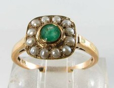 9K 9CT GOLD EMERALD PEARL ART DECO INS CLUSTER SQUARE RING FREE RESIZE