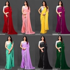 Women's Georgette Blue Mirror Work Saree With Blouse